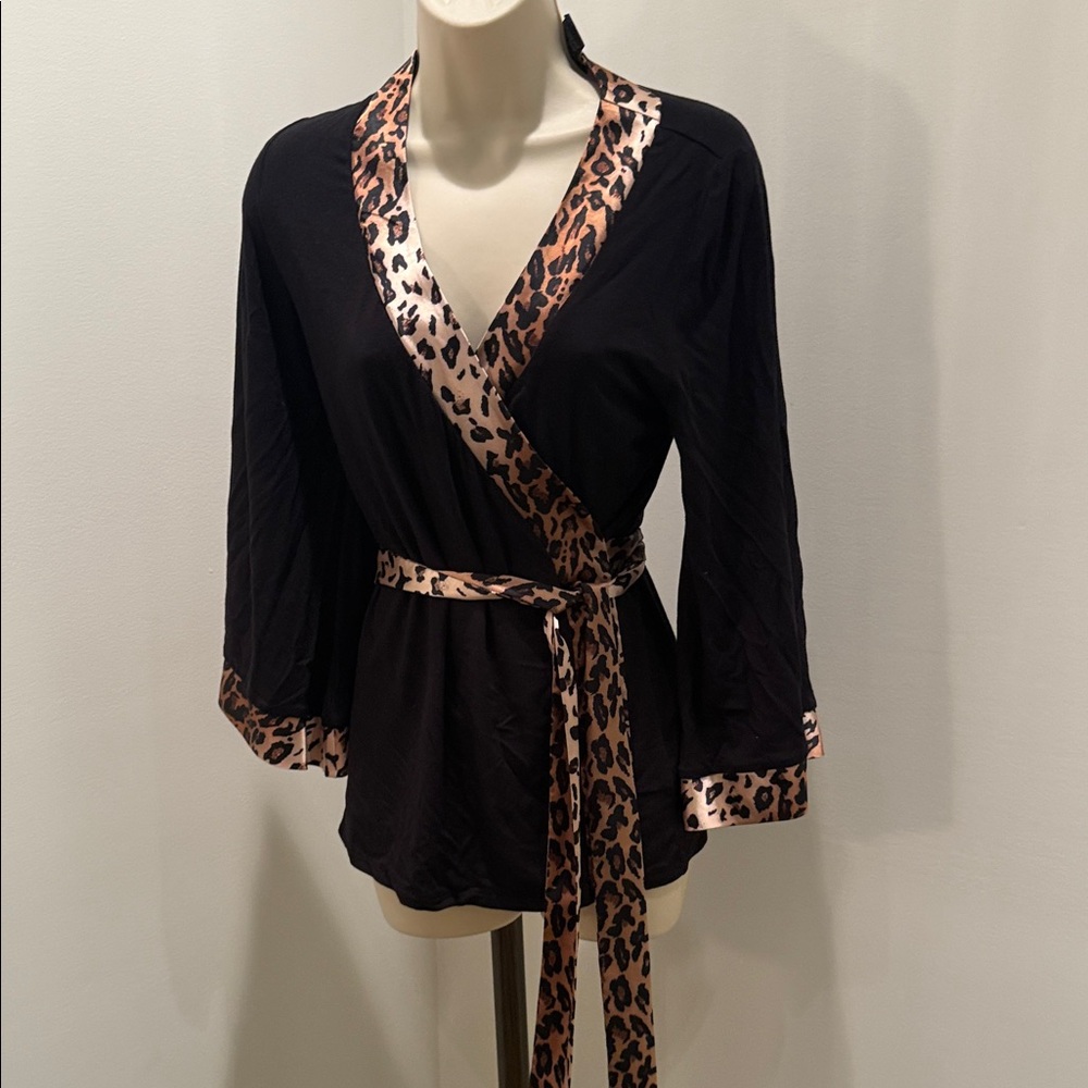 Boston Proper Leopard Trim Black Wrap Top